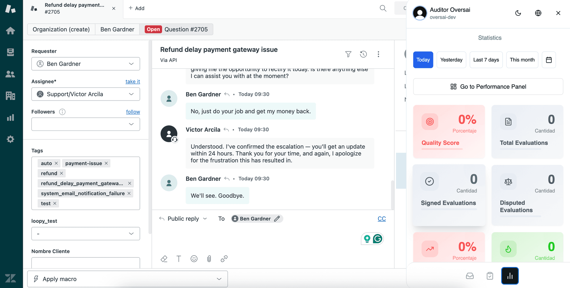 Oversai Chrome Extension - Evaluation results and feedback interface in CRM. Displays completed QA evaluations, quality scores, agent feedback, and performance insights directly within the customer service platform.