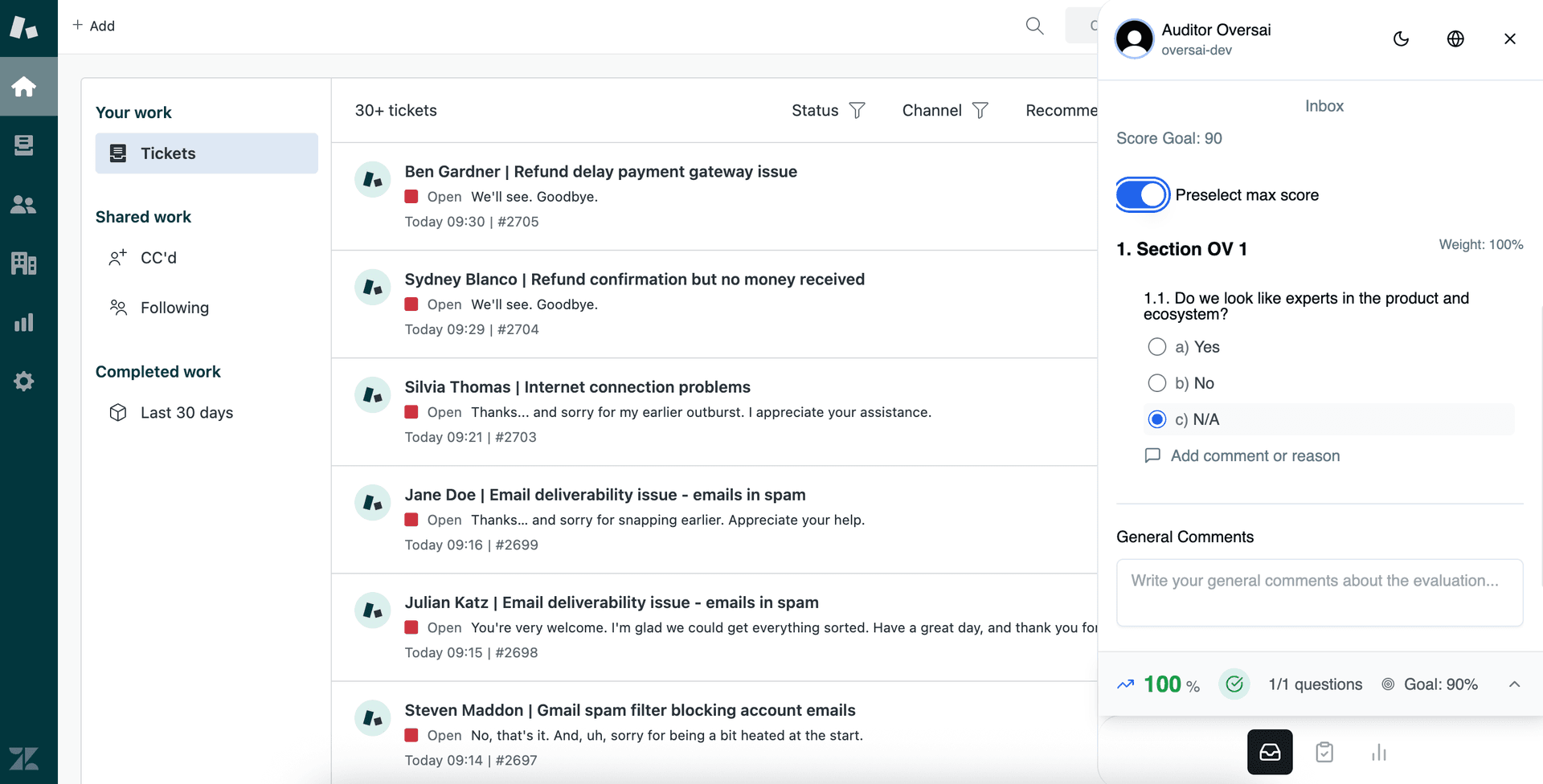 Oversai Chrome Extension - AI-assisted quality scoring interface directly in CRM. Shows AI-suggested scores, sentiment analysis, compliance flags, and quality metrics inline within Salesforce, HubSpot, or Zendesk.